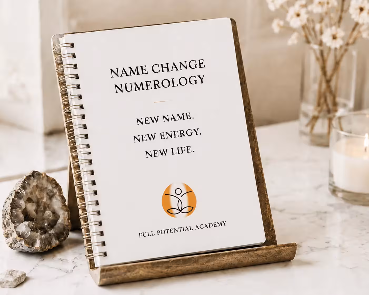 Numerology workbook used in name change coaching sessions – Full Potential Academy – open on a personal chart page